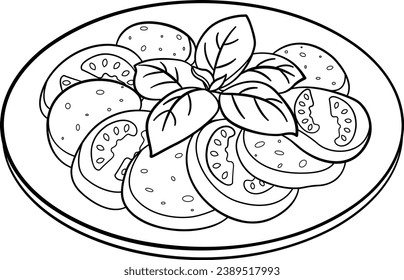 Delicious Caprese Salad for Coloring Page. Vector Illustration of Salad with Ripe Tomatoes, Mozzarella Cheese, and Fresh Basil on a Plate. Vegetarian food. Menu Design