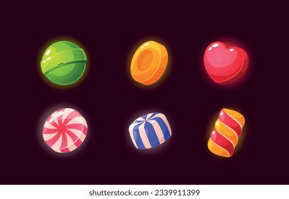 Delicious Caramel Candies Game Icons Set. Sweets With A Rich Flavor, Smooth, Chewy Texture Cartoon Vector Illustration