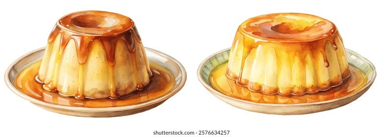 Delicious caramel flan, creamy texture, vibrant colors, dessert presentation, gourmet treat, watercolor illustration.