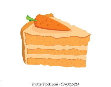 Delicious carrot cake with icing and decorative carrot icon vector. Piece of cake with carrot clip art. Delicious slice of cake icon. Carrot cake icon isolated on a white background