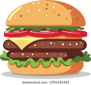 Delicious cartoon burger vector with bold lines and flat modern color palette, ideal for food branding, menus, and fast food ads.