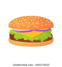 Delicious Cartoon cheeseburger with onion, and salad or lettuce, beef steak and bun with sesame.Fastfood concept. Unhealthy lunch. Stock vector illustration isolated on white background in flat style.