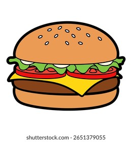Um delicioso hambúrguer de desenho animado com queijo, alface e tomate em um pão de semente de gergelim. Ilustração vetorial isolada, perfeita para menus de fast-food, anúncios e projetos infantis.