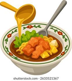Delicious Cartoon Noodle Soup Icon with Ladle Pouring Sauce perfect for food apps, restaurant menus, culinary websites, or children's food-related content
