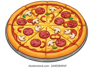 Delicious Cartoon Pizza with Pepperoni, Mushrooms, and Green Peppers Topping
