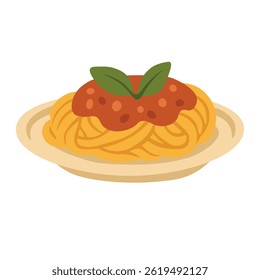 Delicious cartoon plate of spaghetti with tomato sauce and basil, isolated, flat vector food style.