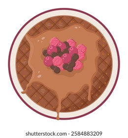 Delicious cartoon style illustration of chocolate waffle topped with melted sauce, raspberries, blueberries, and chocolate chips. Perfect for dessert and breakfast themed designs. Vector art.