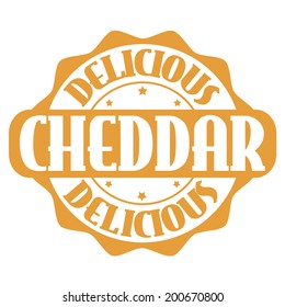 Delicious cheddar stamp or label on white, vector illustration