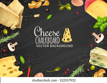 Delicious cheese background with products of different sorts mushrooms and vegetables on chalkboard vector illustration