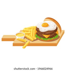 Delicious Cheese burger with egg and fried fries illustration, burger and chips vector illustration isolated on white