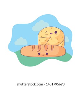 delicious cheese with french bread in landscape kawaii style