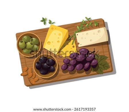 A delicious cheese platter with assorted cheeses, nuts, olives and fresh grapes on a wooden cutting board. White background