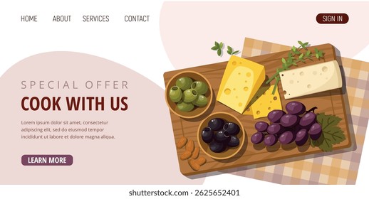 Delicious cheese platter with various cheeses, nuts, olives and fresh grapes on a wooden cutting board. Wine and a corkscrew on the table. The concept of wine tasting.