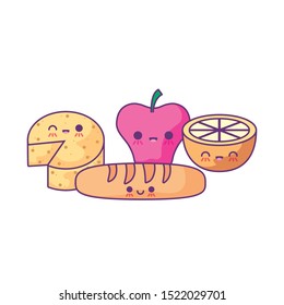 delicious cheese with set food kawaii style vector illustration design