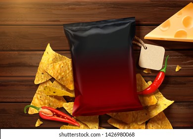 Delicious cheese tortilla chips with blank foil bag on wooden table in 3d illustration