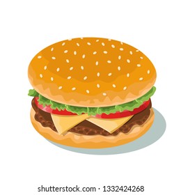 Delicious cheeseburger with cutlet, salad and tomato. Vector illustration for poster, advertising and other