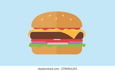 Delicious cheeseburger flat vector illustration with layers of meat, cheese, lettuce, tomato, and onion on blue.