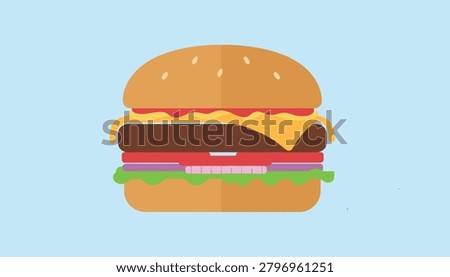 Delicious cheeseburger flat vector illustration with layers of meat, cheese, lettuce, tomato, and onion on blue.