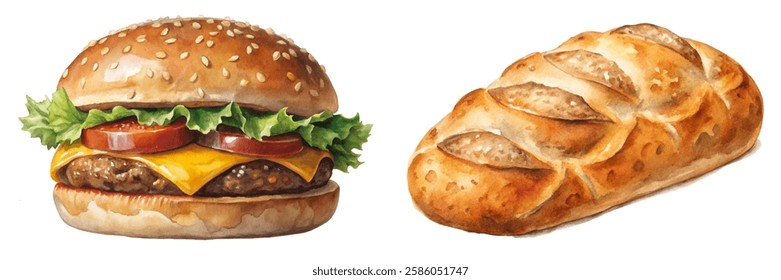 Delicious cheeseburger with lettuce, tomato, and cheese. Freshly baked bread loaf. Food illustration, vibrant colors.