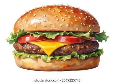 Delicious cheeseburger with lettuce, tomato, and sesame bun, vibrant watercolor style, food illustration.