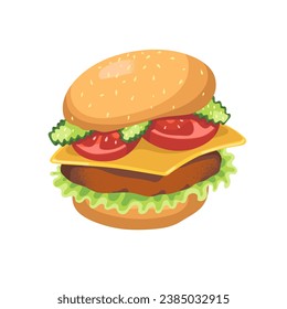 Delicious cheeseburger with meat. Tempting American burger. Savoury sandwich with cheese. Restaurant of fast food. Unhealthy nutrition. Flat isolated vector illustration on white background.