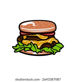 Deliciosa hamburguesa con queso con salchicha y verduras Ilustración vectorial