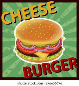 Delicious cheeseburger with tomato and salad. Vector illustration can be used for food menu or posters design, prints, web and other crafts.