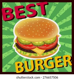 Delicious cheeseburger with tomato and salad. Vector illustration can be used for food menu or posters design, prints, web and other crafts.