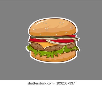 Delicious cheeseburger.  Vector of tasty burger for your American food, bread, sandwich, beef, cheese, lettuce and tomato and sesame seed meal