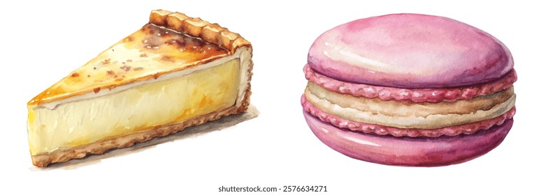 Delicious cheesecake slice, colorful macaroon, watercolor style, dessert illustration, food art, sweet treats, bakery design.