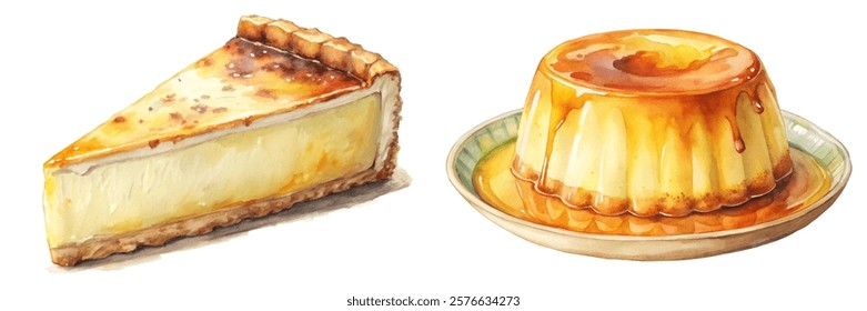 Delicious cheesecake slice, creamy flan dessert, watercolor illustration, sweet treats, culinary art, food photography.