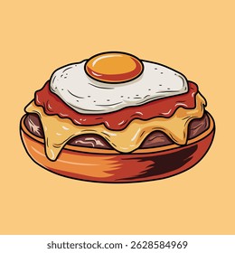  Delicious Cheesy Beef Patty with Fried Egg Cartoon Food Art Illustration