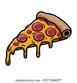 Delicious cheesy pepperoni pizza slice with melting cheese in a cartoon-style illustration. Perfect for food-related designs, stickers, logos, and menus. High-quality vector artwork.