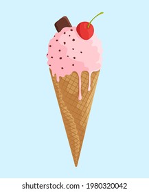 Delicious cherry ice cream with chocolate in waffle cone. Sweet and tasty dessert with fruits. Vector illustration.