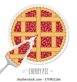 Delicious cherry pie top view, isolated, white background