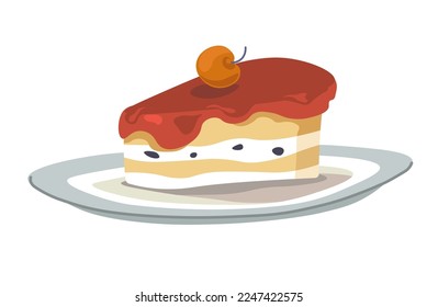 Delicious cherry pie with topping jam and cream or mousse. Isolated served plate with tasty meal for dessert. Bakery shop or restaurant, homemade dishes freshly baked for dinner. Vector in flat style