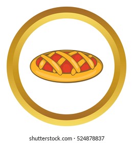 Delicious cherry pie vector icon in golden circle, cartoon style isolated on white background