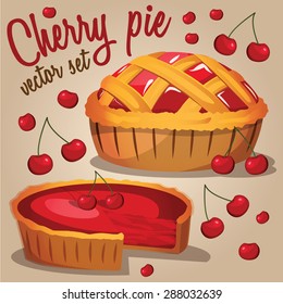 Delicious cherry pie. Vector set. Vector illustration