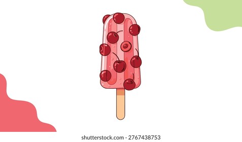 Delicious cherry popsicle illustration featuring real whole cherries frozen inside a refreshing red fruit ice treat.