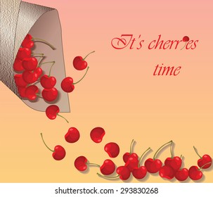 Delicious cherry wrapped in paper. It's cherry time text. Summer. Vector