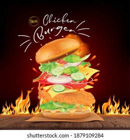 Delicious Chicken Burger Ads And Flying Ingredients On Wooden With Burning Fire In 3d Illustration