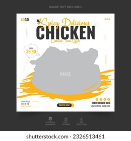 Delicious chicken food social media post design template. Restaurant social media banner. Burger banner or poster. Fast food social media post design vector. Fried chicken social media marketing post.