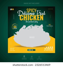 Delicious chicken food social media post design template. Restaurant social media banner. Burger banner or poster. Fast food social media post design vector. Fried chicken social media marketing post.