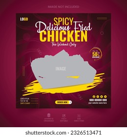 Delicious chicken food social media post design template. Restaurant social media banner. Burger banner or poster. Fast food social media post design vector. Fried chicken social media marketing post.