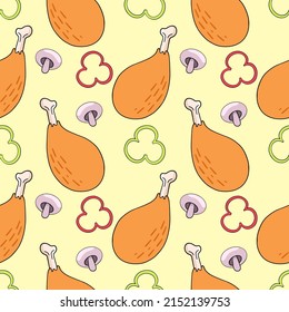 Delicious chicken leg, fast food, vector seamless pattern in the style of doodles, hand-drawn