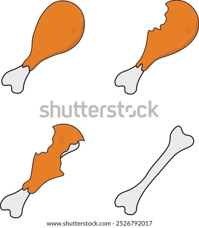 Delicious chicken leg pieces set, featuring four variations: small bite, medium size, bone showing, and full bone. Perfect for food illustrations, recipe designs, and culinary project.