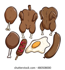 delicious chicken meat collection using doodle art with outline