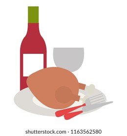 delicious chicken meat with cutleries and wine