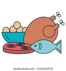 delicious chicken meat with fish and ham