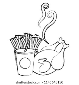 delicious chicken meat with french fries and soda